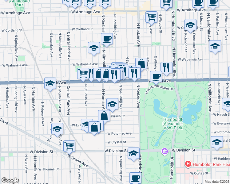 map of restaurants, bars, coffee shops, grocery stores, and more near 3319 West Pierce Avenue in Chicago