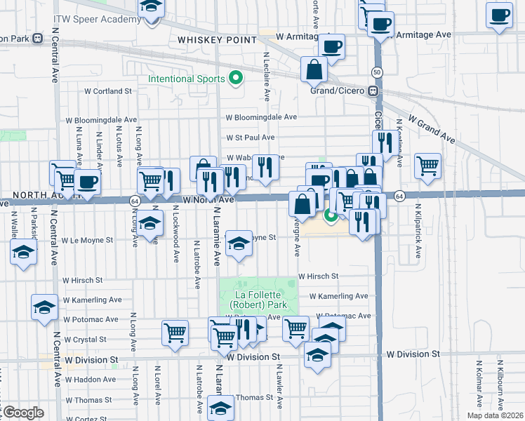 map of restaurants, bars, coffee shops, grocery stores, and more near 1527 North Leclaire Avenue in Chicago