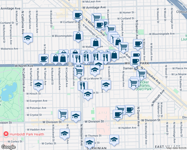 map of restaurants, bars, coffee shops, grocery stores, and more near 1512 North Oakley Boulevard in Chicago