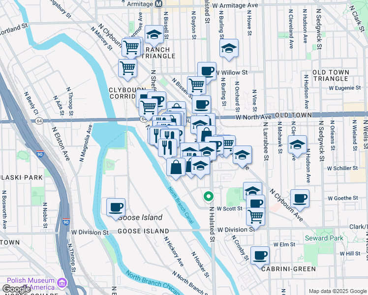 map of restaurants, bars, coffee shops, grocery stores, and more near 1476 North Fremont Street in Chicago