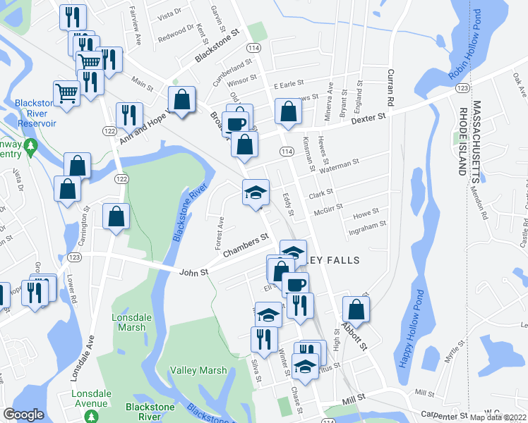 map of restaurants, bars, coffee shops, grocery stores, and more near 363 Broad Street in Cumberland