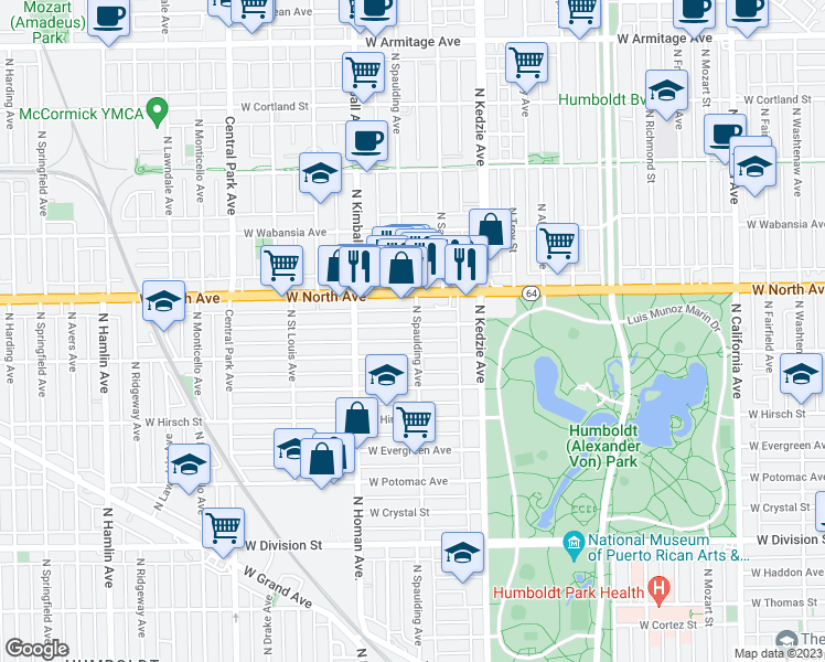 map of restaurants, bars, coffee shops, grocery stores, and more near 3301 West Pierce Avenue in Chicago