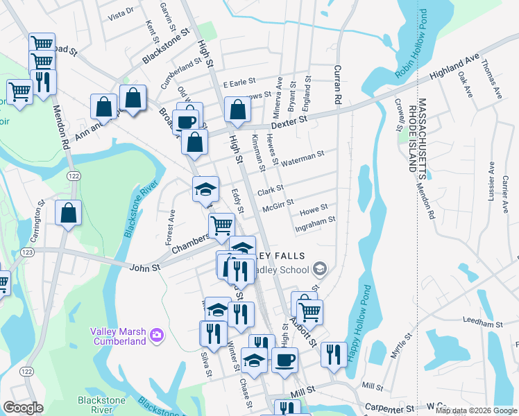 map of restaurants, bars, coffee shops, grocery stores, and more near 2 Patt Avenue in Cumberland