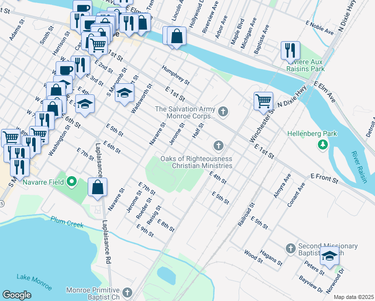 map of restaurants, bars, coffee shops, grocery stores, and more near 802 East 4th Street in Monroe