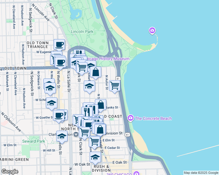 map of restaurants, bars, coffee shops, grocery stores, and more near 1421 North Astor Street in Chicago