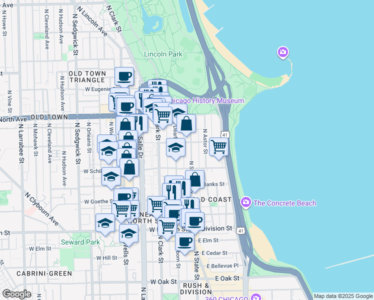 map of restaurants, bars, coffee shops, grocery stores, and more near 1425 North State Parkway in Chicago