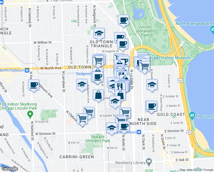 map of restaurants, bars, coffee shops, grocery stores, and more near 1423 North Orleans Street in Chicago