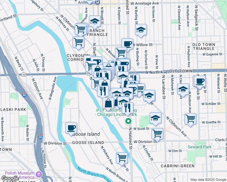 map of restaurants, bars, coffee shops, grocery stores, and more near 1476 North Fremont Street in Chicago