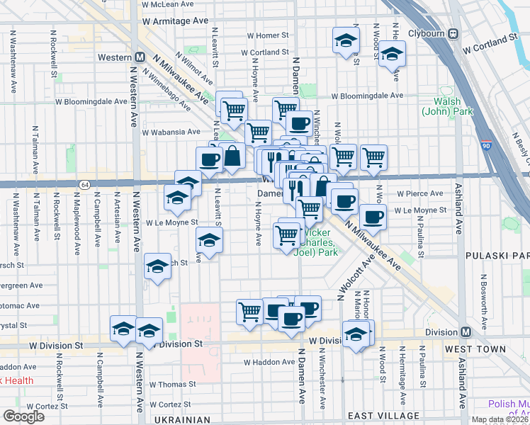 map of restaurants, bars, coffee shops, grocery stores, and more near 1505 North Hoyne Avenue in Chicago