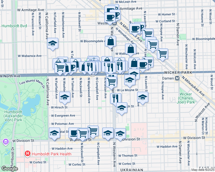 map of restaurants, bars, coffee shops, grocery stores, and more near 1500 North Artesian Avenue in Chicago