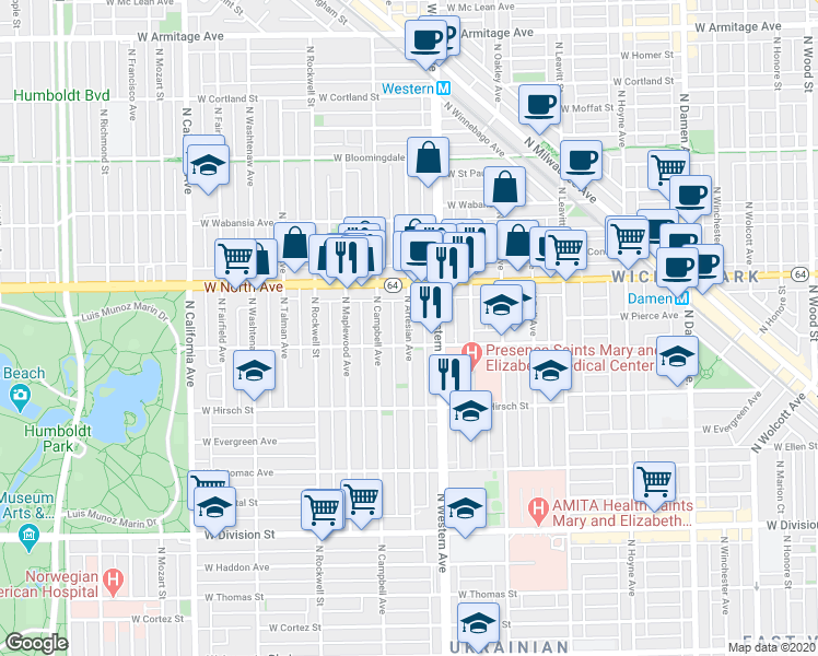 map of restaurants, bars, coffee shops, grocery stores, and more near 2462 West Le Moyne Street in Chicago