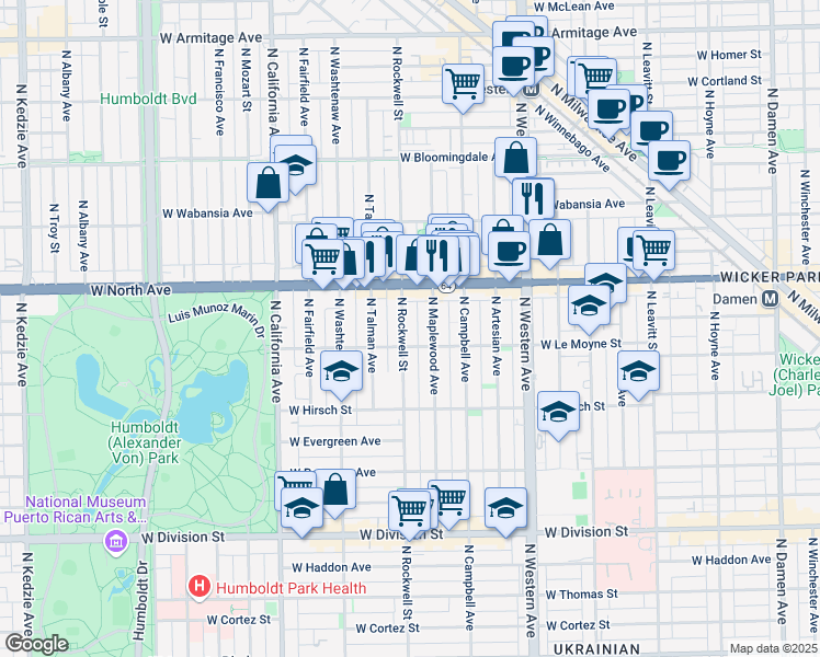 map of restaurants, bars, coffee shops, grocery stores, and more near in Chicago