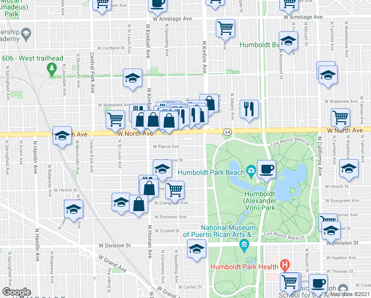 map of restaurants, bars, coffee shops, grocery stores, and more near 3226 West Le Moyne Street in Chicago