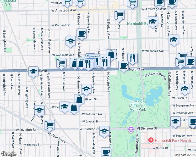 map of restaurants, bars, coffee shops, grocery stores, and more near 3226 West Le Moyne Street in Chicago