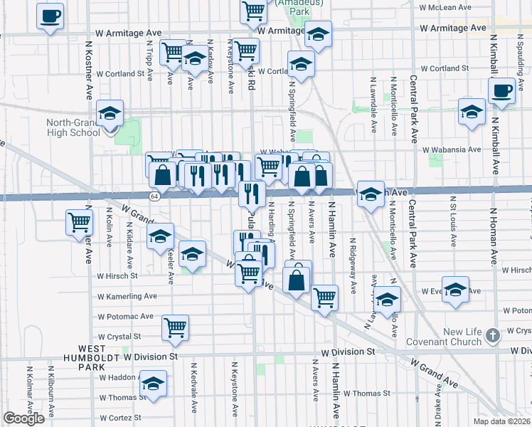 map of restaurants, bars, coffee shops, grocery stores, and more near 1513 North Pulaski Road in Chicago