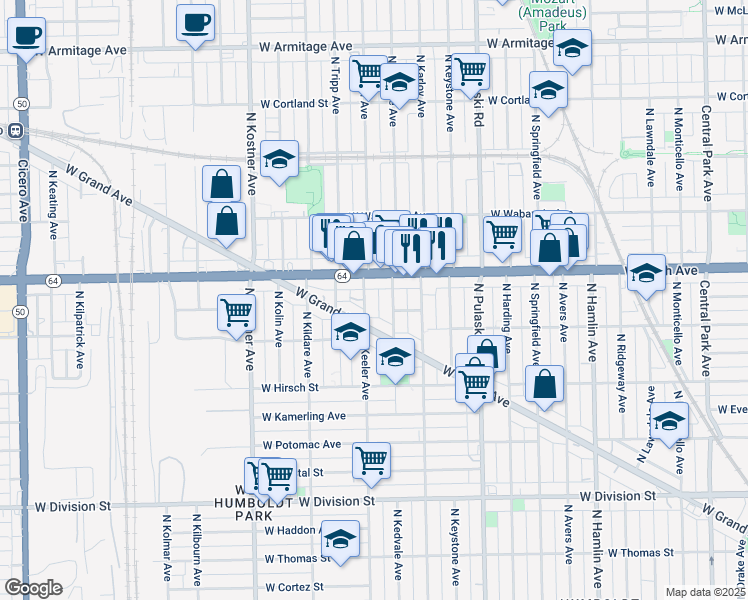 map of restaurants, bars, coffee shops, grocery stores, and more near 1512 North Kedvale Avenue in Chicago