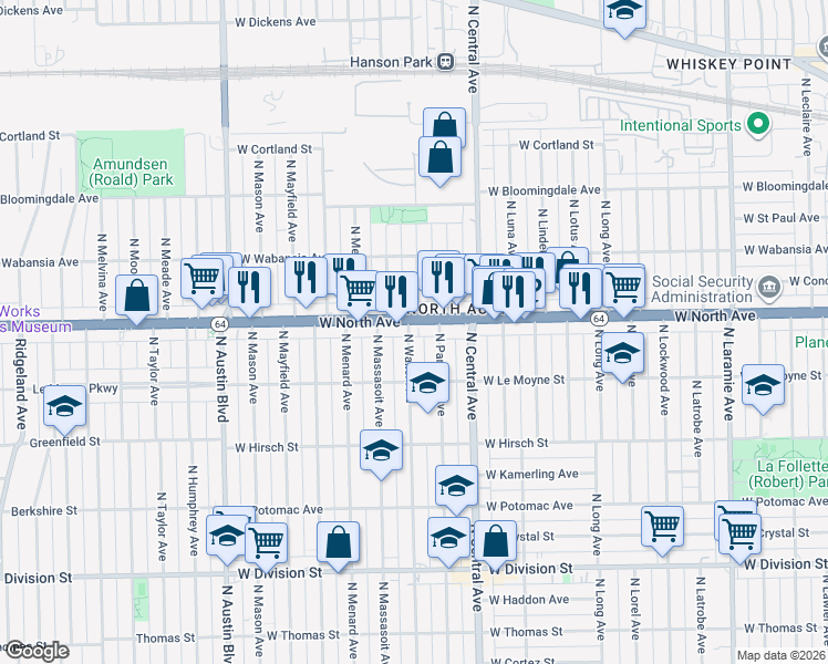 map of restaurants, bars, coffee shops, grocery stores, and more near 1533 North Waller Avenue in Chicago