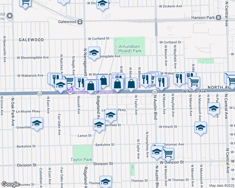 map of restaurants, bars, coffee shops, grocery stores, and more near 1229 Hayes Avenue in Oak Park