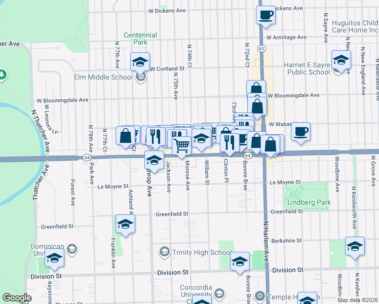map of restaurants, bars, coffee shops, grocery stores, and more near 1557 Monroe Avenue in River Forest