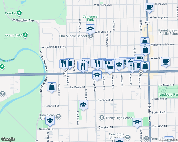 map of restaurants, bars, coffee shops, grocery stores, and more near 7607 West North Avenue in River Forest