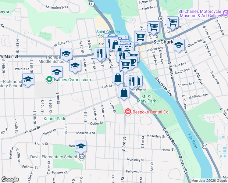 map of restaurants, bars, coffee shops, grocery stores, and more near 301 Prairie Street in St. Charles