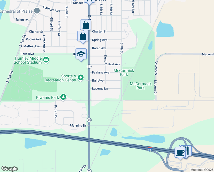 map of restaurants, bars, coffee shops, grocery stores, and more near 536 Lucerne Lane in DeKalb