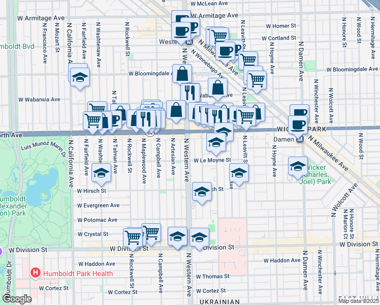 map of restaurants, bars, coffee shops, grocery stores, and more near 1513 North Western Avenue in Chicago