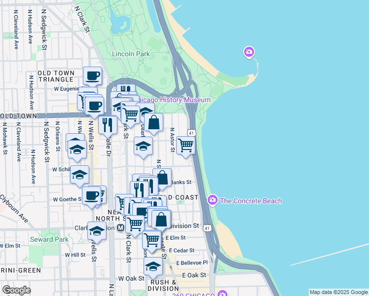 map of restaurants, bars, coffee shops, grocery stores, and more near 1421 North Astor Street in Chicago