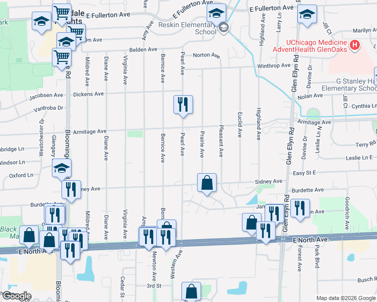 map of restaurants, bars, coffee shops, grocery stores, and more near 2N309 Pearl Avenue in Glendale Heights