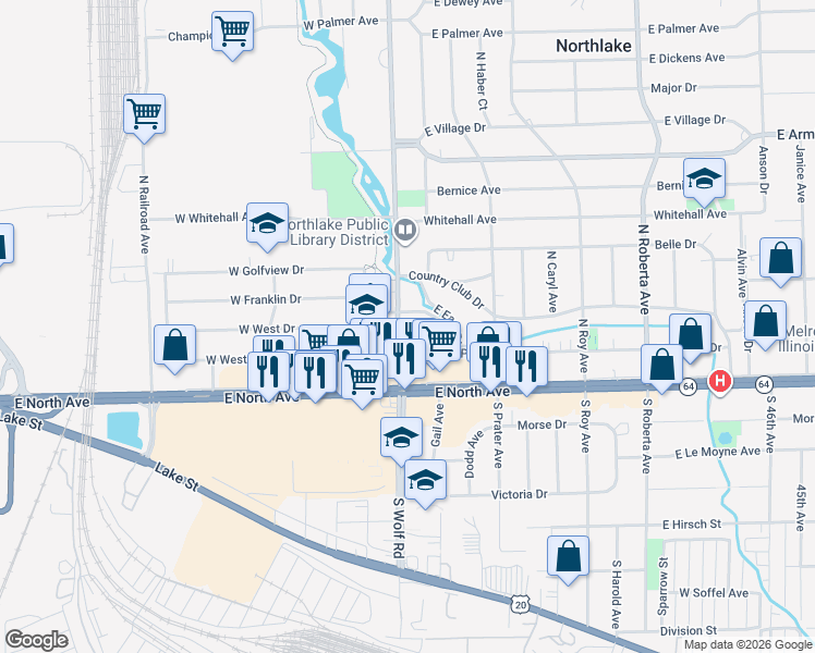 map of restaurants, bars, coffee shops, grocery stores, and more near 15 North Wolf Road in Northlake