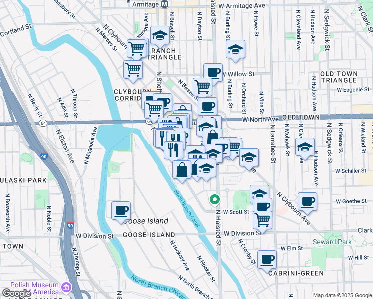 map of restaurants, bars, coffee shops, grocery stores, and more near 1515 North Fremont Street in Chicago