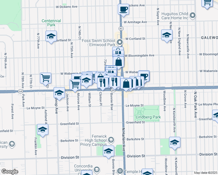 map of restaurants, bars, coffee shops, grocery stores, and more near 7234 West North Avenue in Elmwood Park