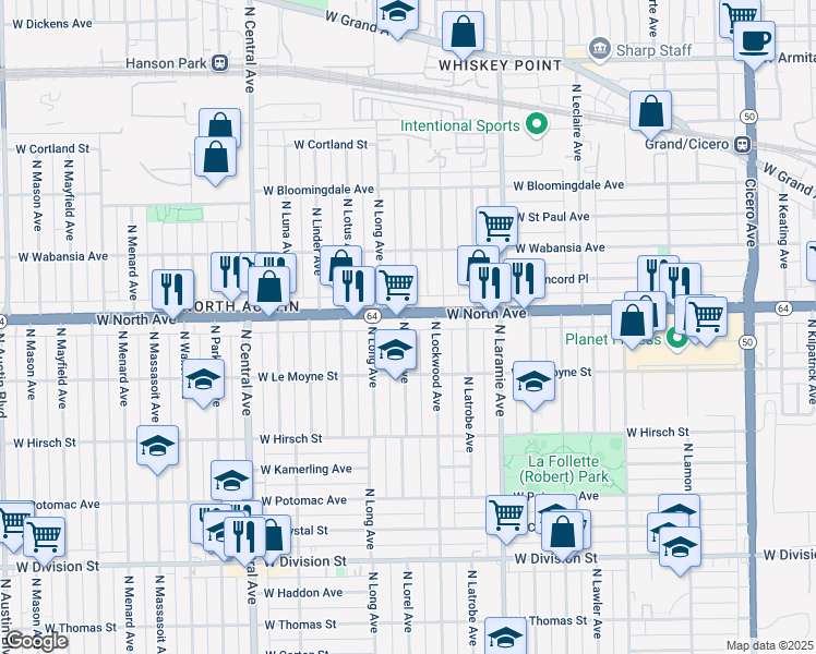 map of restaurants, bars, coffee shops, grocery stores, and more near 1545 North Lorel Avenue in Chicago