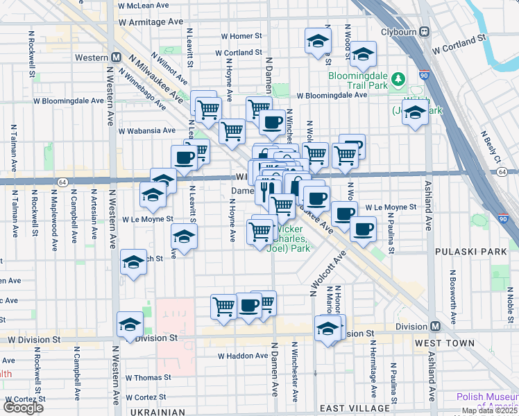 map of restaurants, bars, coffee shops, grocery stores, and more near 1508 North Damen Avenue in Chicago
