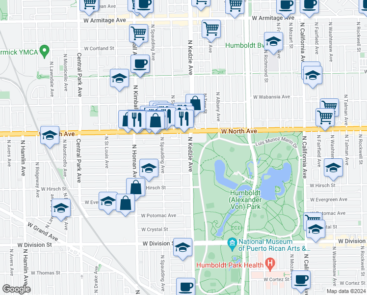 map of restaurants, bars, coffee shops, grocery stores, and more near 3211 West Pierce Avenue in Chicago