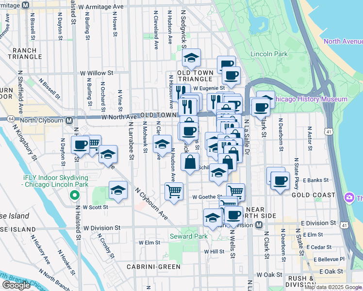 map of restaurants, bars, coffee shops, grocery stores, and more near 1450 North Sedgwick Street in Chicago