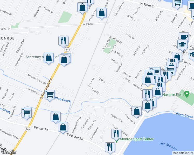 map of restaurants, bars, coffee shops, grocery stores, and more near 725 12th Street in Monroe