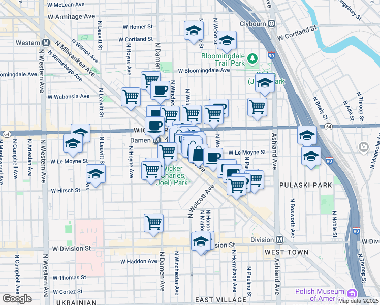 map of restaurants, bars, coffee shops, grocery stores, and more near 1474 North Milwaukee Avenue in Chicago
