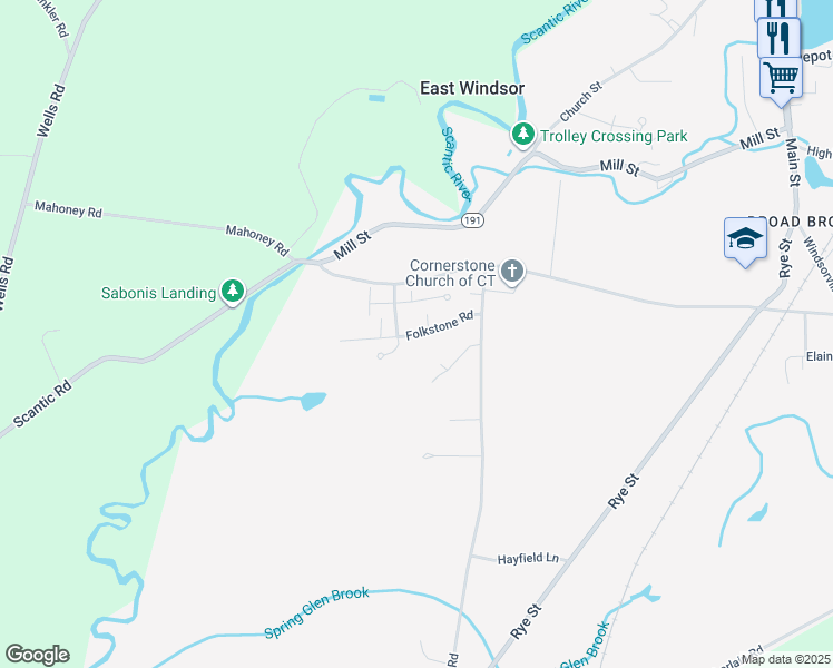 map of restaurants, bars, coffee shops, grocery stores, and more near 18 Folkstone Road in East Windsor