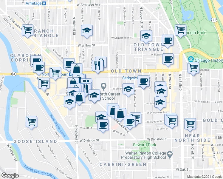 map of restaurants, bars, coffee shops, grocery stores, and more near in Chicago