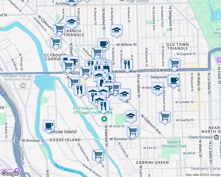 map of restaurants, bars, coffee shops, grocery stores, and more near 1457 North Halsted Street in Chicago