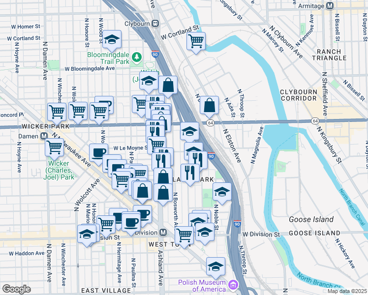 map of restaurants, bars, coffee shops, grocery stores, and more near 1451 North Bosworth Avenue in Chicago