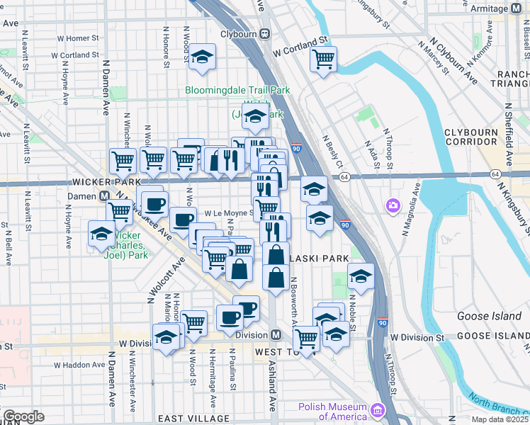 map of restaurants, bars, coffee shops, grocery stores, and more near in Chicago