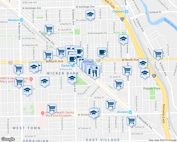 map of restaurants, bars, coffee shops, grocery stores, and more near 1474 North Milwaukee Avenue in Chicago