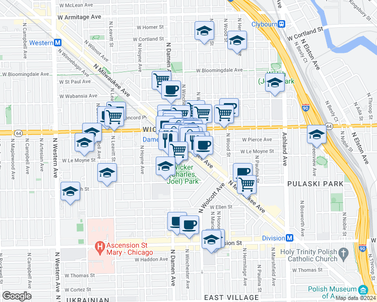 map of restaurants, bars, coffee shops, grocery stores, and more near 1507 North Wicker Park Avenue in Chicago