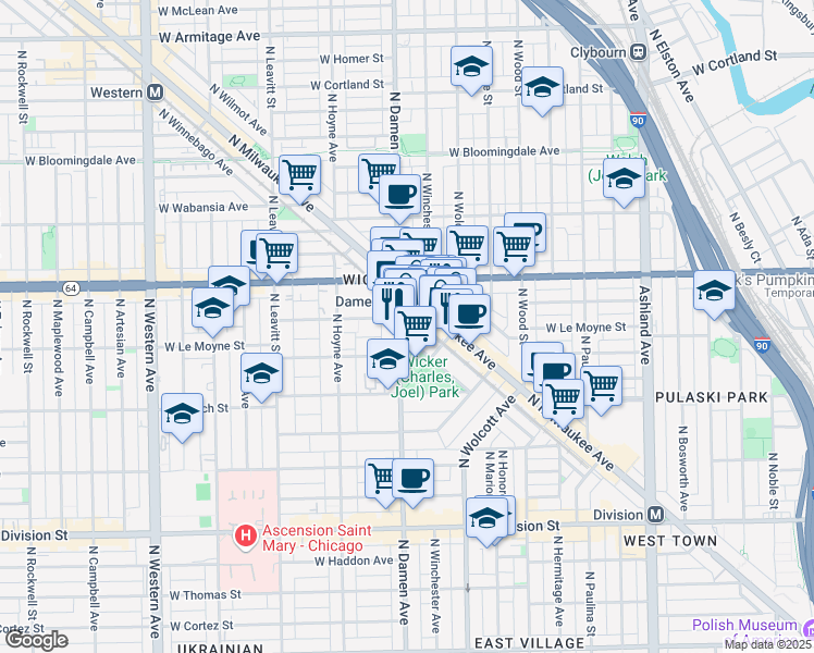 map of restaurants, bars, coffee shops, grocery stores, and more near 1507 North Wicker Park Avenue in Chicago