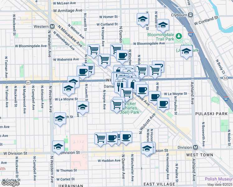 map of restaurants, bars, coffee shops, grocery stores, and more near 1508 North Damen Avenue in Chicago