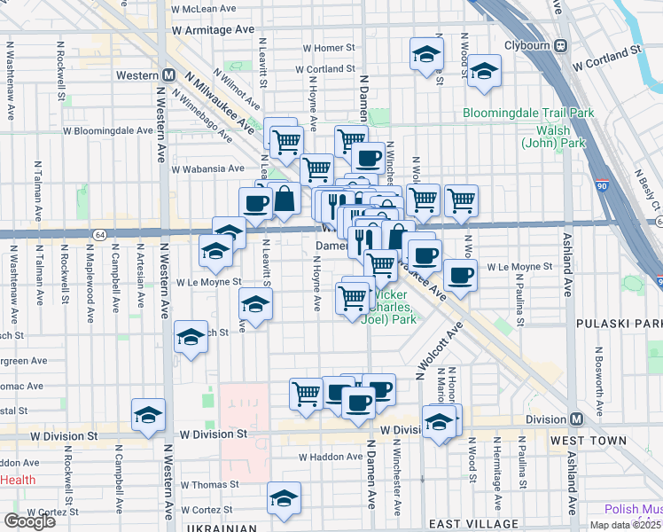map of restaurants, bars, coffee shops, grocery stores, and more near 1505 North Hoyne Avenue in Chicago