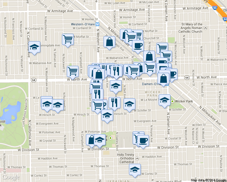 map of restaurants, bars, coffee shops, grocery stores, and more near 2315 West Le Moyne Street in Chicago