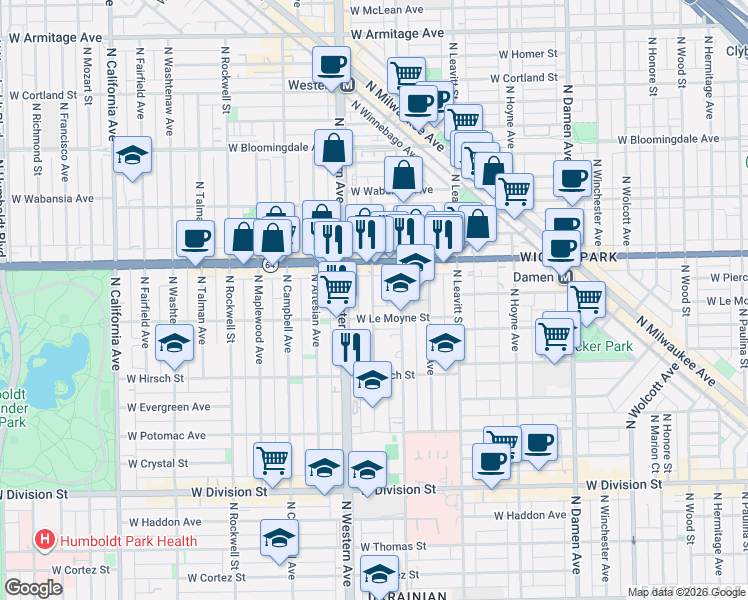 map of restaurants, bars, coffee shops, grocery stores, and more near 2315 West Le Moyne Street in Chicago